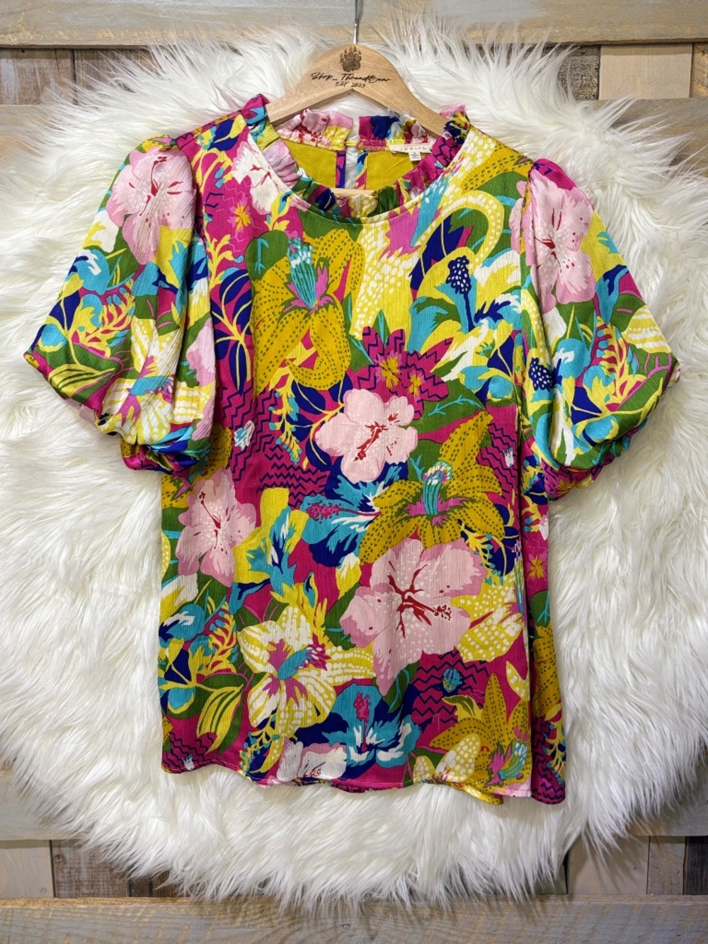 NWT [Jodifl] Silky Yellow < Floral Funday > Puff Sleeve Top Pink Blouse | Small